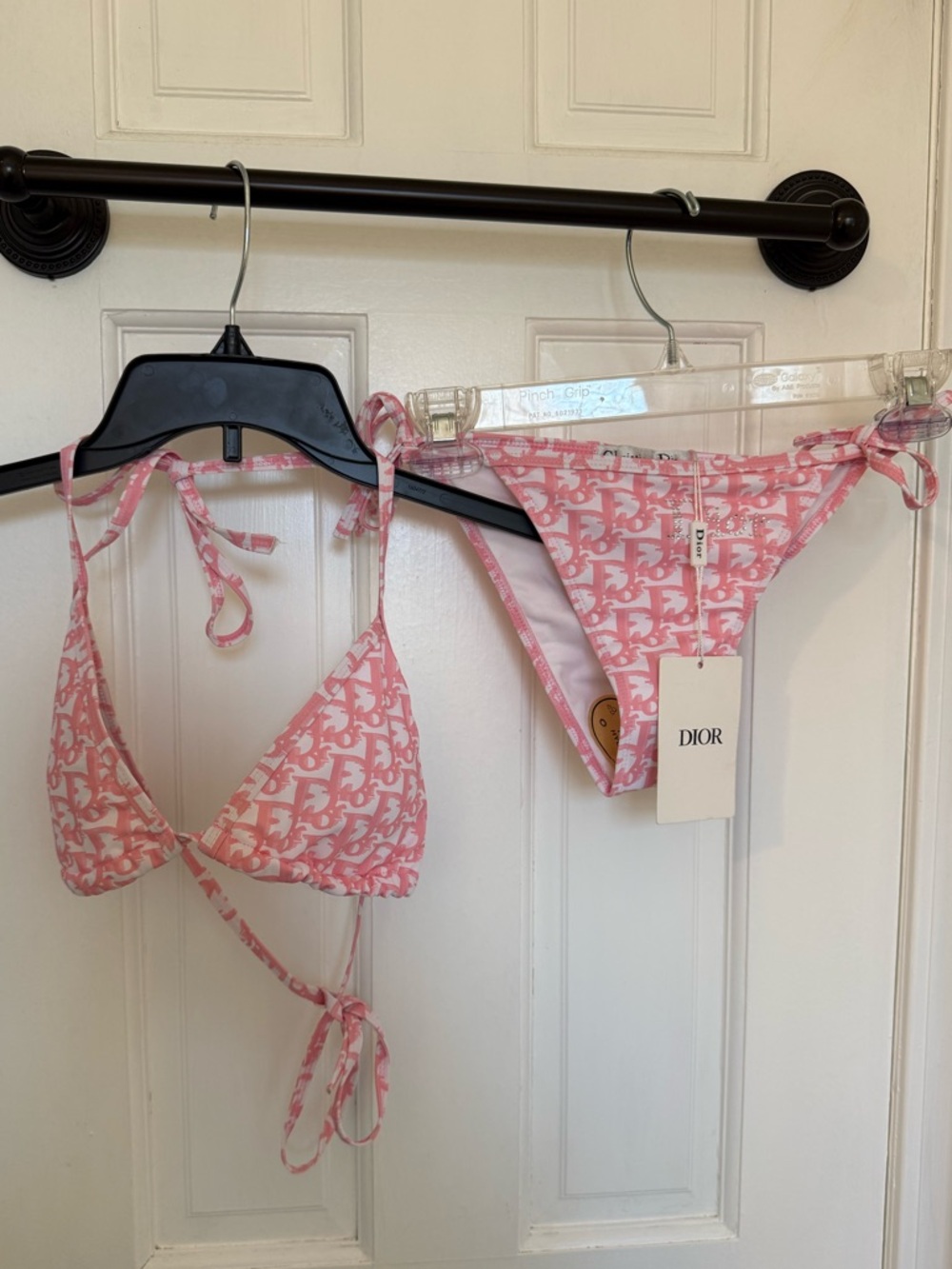 Pink and White Monogram String Bikini